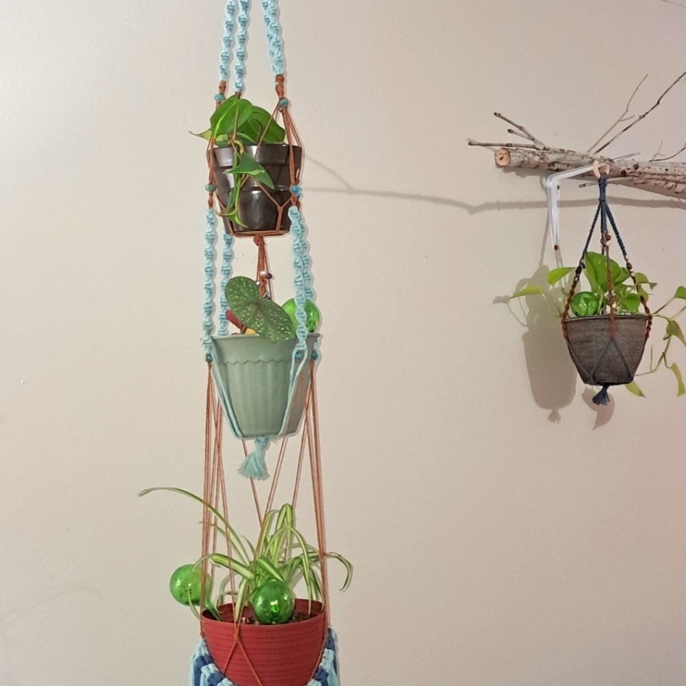 Macrame Plant Hanger Beaded Blue and Camel Tan Handmade Triple Tier Plant Holder